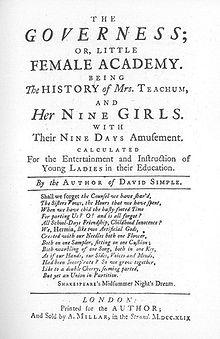 Titeln lyder "The Guverness; eller, Little Female Academy. Being the History of Mrs. Teachum, and Her Nine Girls. With their Nine Days Amusement Calculated For the Entertainment and Instruction of Young Ladies in their Education. Av David Simple: s författare. "