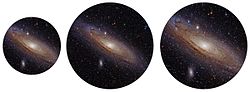 Simulation of views through a telescope using different eyepieces. The center image uses an eyepiece of the same focal length as the one on the left, but has a wider apparent field of view giving a larger image that shows more area. The image on the right has the same apparent field of view as the center eyepiece but has a shorter focal length, giving the same true field of view as the left image but at higher magnification. Fields of view.jpg