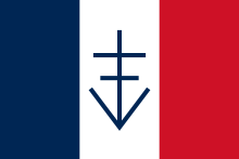 Drapeau bleu-blanc-rouge avec une croix de Lorraine plantée dans un V bleus sur la bande verticale blanche
