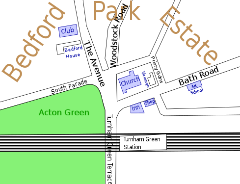 Locations of community buildings. The development was enabled by the arrival of the District Line in 1869.