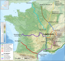 Mappa della Gallia, che mostra il percorso della Via Domizia, che collega l'Italia e la Spagna