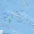 Carte avec relief du fond de la mer, noms des îles et des communes et subdivisions