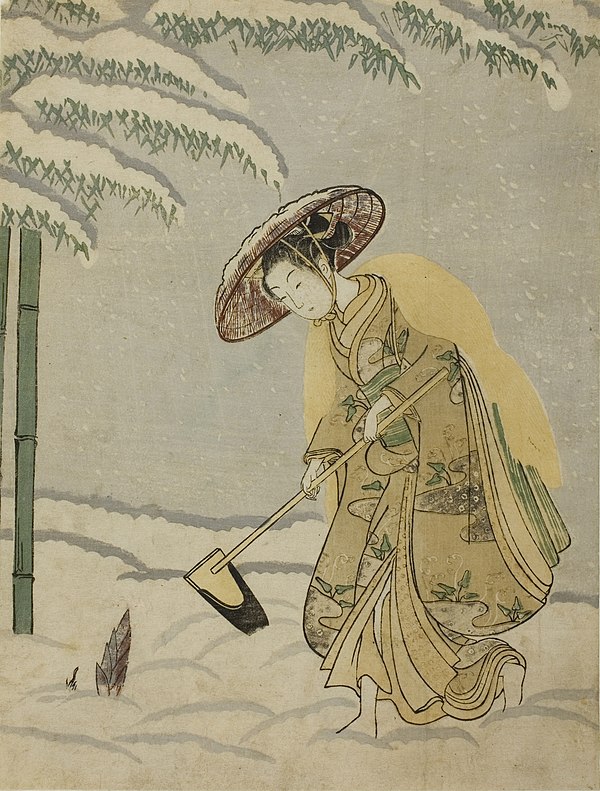 Woman gathering bamboo shoots, woodblock print by Suzuki Harunobu, 1765