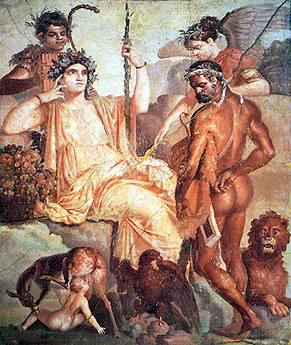 Heracles finds Telephus suckled by a deer, with Arkadia, Pan and a winged Virgo looking on, first century AD. Naples, National Archaeological Museum 9