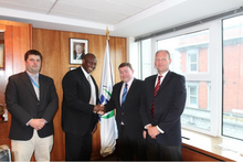 Herbert Mensah, President of Ghana Rugby, meeting with David Carrigy and Morgan Buckley of World Rugby in Dublin, Ireland in July 2014. Herbert Mensah meets World Rugby.png