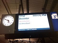 Central Train Indicator at Hilversum railway station announcing the Intercity towards Deventer; probably because of a disruption, it today ends at Amersfoort. Hilversum CTA train indicator with disruption information.jpg