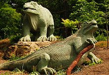 An 1853 model of an Iguanodon, the most recognisable of the Crystal Palace Dinosaurs Iguanodon Crystal Palace.jpg