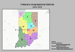 Indiana's congressional districts since 2023 Indiana's congressional districts (since 2023).png