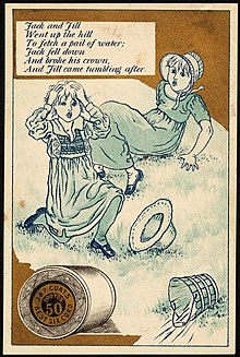 An advertising card based on Kate Greenaway's 1881 illustration of the rhyme Jack & Jill (Greenaway).jpg