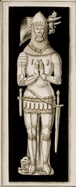Drawing c.1700 of English-made effigy, on white arcaded chest tomb, Nantes Cathedral. Original monument destroyed. Drawing by Roger de Gaignières.
