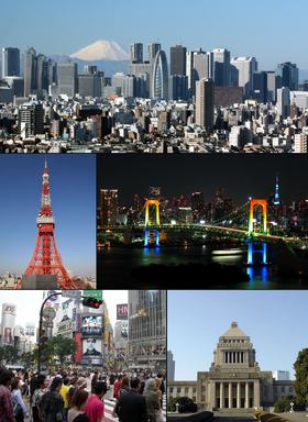 Do topo à esquerda: Shinjuku, Torre de Tóquio, Rainbow Bridge, Shibuya, Edifício da Dieta Nacional.