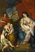 Portrait of the Sobieski family by Siemiginowski-Eleuter. Left side: Jakub, Konstanty, Aleksander, Teresa. Right side: Marie Casimire holding Jan (1682–1685).