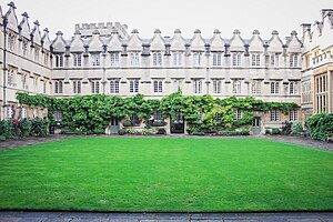 North facing view of the second Quadrangle with the Dutch gables around the top of the buildings and flora visible JesusCollegeOxfordQuad3.jpg