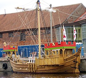 a modern reconstruction of a 14th-century merchant ship, or cog converted for warfare