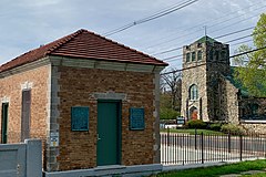 Control building for the dam, Stanhope United Methodist Church in the background