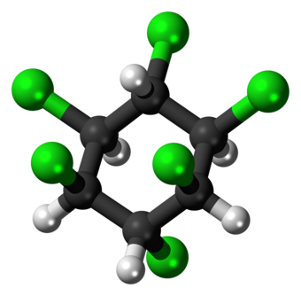 Ball-and-stick model of the lindane molecule (chair conformation)