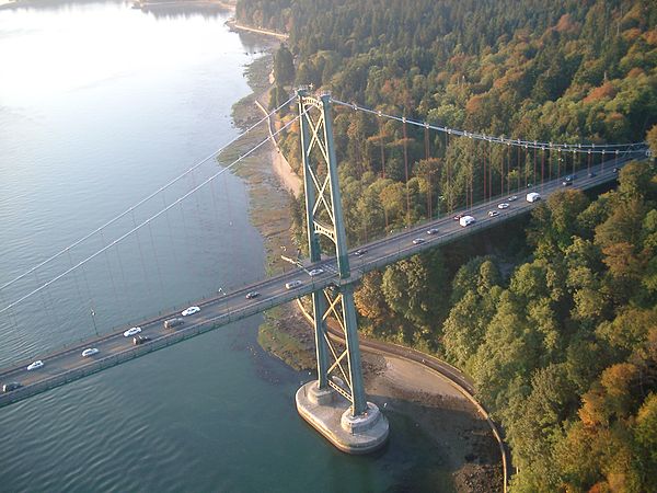 Aerial view of the Lions Gate Bridge, which carries Highway 99 between Vancouver and West Vancouver