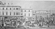The South Eastern Station (left) and the temporary Brighton station c. 1850 after the demolition of the Joint station London Bridge 1850.JPG