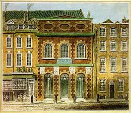 painting of exterior of neo-classical building, part of a terrace