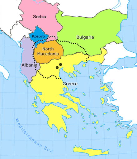 ·····  Macedonia (region) approximate extent<br>●  Former capital cities of Macedonia (ancient kingdom)