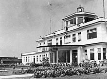 The second terminal and administration building at Malton Airport c. 1943. The Toronto Harbour Commission constructed this wood frame terminal in 1939. This terminal was a twin of the terminal on Toronto Island. Malton Airport C1943 HQ.jpg