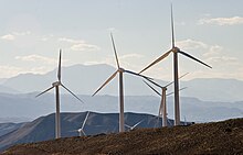 As a further drive toward diversification of energy sources, Iran has established wind farms in several areas, this one near Manjeel. Manjeel windmills.jpg