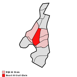 Ligging van Oud-Stein (rood) in Stein (lichtrood). De gemeente Stein is grijs.