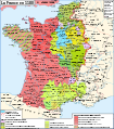 Carte de la France à la fin du XIIe siècle, le Forez est un fief du royaume de France, le Lyonnais un état du Saint-Empire.