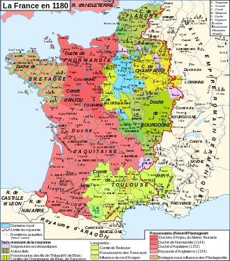 France in 1180. The Angevin kings of England held all the red territories. Map France 1180-fr.svg