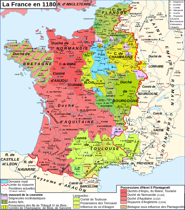 Kaart van Frankrijk in 1180 met in geel het Graafschap Champagne