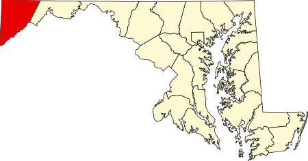 Location of Garrett County in Maryland Map of Maryland highlighting Garrett County.svg