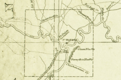 Detail of map "Dakota Territory", 1878, showing location of Fort Buford (ND) and Fort Buford Military Reservation, partly in North Dakota, partly in Montana Map showing Fort Buford and Fort Buford Military Reservation, North Dakota and Montana.png