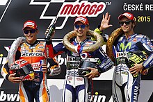 Marc Marquez, Jorge Lorenzo and Valentino Rossi, celebrating on the podium after finishing second, first and third at the MotoGP race. Marc Marquez, Jorge Lorenzo and Valentino Rossi 2015 Brno.jpeg