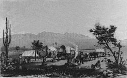Maricopa Wells'de bir Amerikan vagon treni, 1857 çizimi