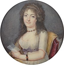 Portrait d'une dame à la lettre, vers 1794-1799, miniature, aquarelle sur ivoire, diamètre 6,6 cm (localisation inconnue)