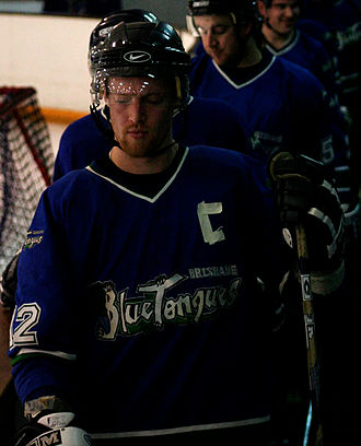 Mark Rummukainen, as stand in captain, leading the Blue Tongues team onto the ice in 2007 Mark Rummukainen 2007.jpg