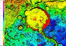 Viewshed of the Gusev crater on Mars from the Mars Exploration Rover (red) overlaid on an elevation map (other colors) - areas in red are visible from the landing site Mars viewshed.jpg