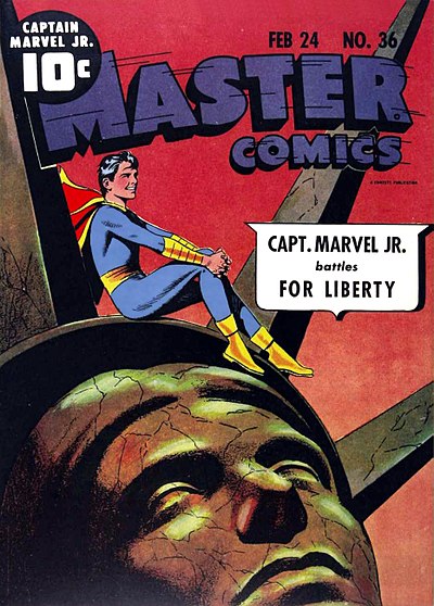 Captain Marvel Jr. with Lady Liberty on the cover of Master Comics, number 36, February 1943. Artwork by Mac Rayboy.