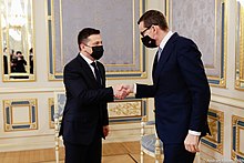 Zelenskyy with Polish Prime Minister Mateusz Morawiecki in Kyiv on 1 February 2022 Mateusz Morawiecki odwiedza Kijow, opowiadal o mozliwej inwazji rosyjskiej (2022.02.01) 06.jpg