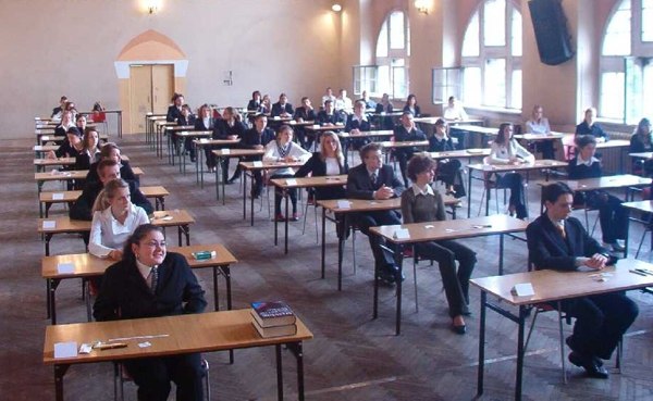 High-school students in Szczecin, Poland, waiting to write a matura exam in 2005