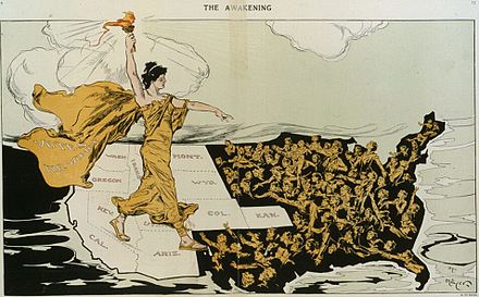 "The Awakening" Suffragists were successful in the West; their torch awakens the women struggling in the North and South in this cartoon by Hy Mayer in Puck February 20, 1915