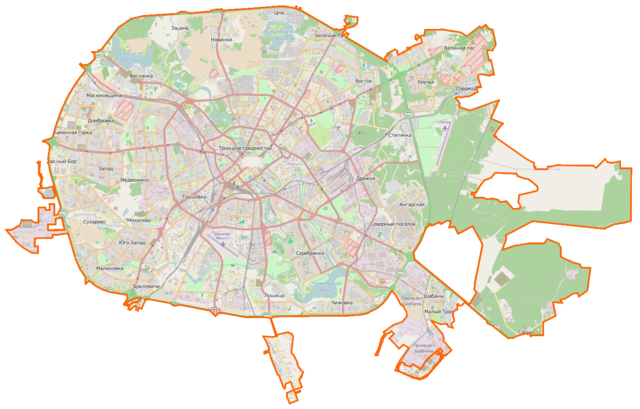 Mapa konturowa Mińska, blisko centrum na lewo znajduje się punkt z opisem „Cerkiew Świętego Ducha”