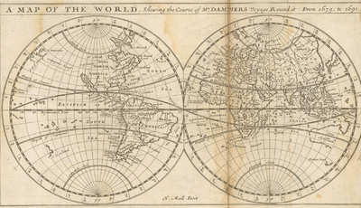 The map of Dampier's voyage produced by Herman Moll (1697) Moll - A map of the world shewing the course of Mr Dampiers voyage round it from 1679 to 1691.png