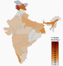 Percentage of total population of India's administrative divisions made up by Muslims (2011) Muslim Demographics of India.png