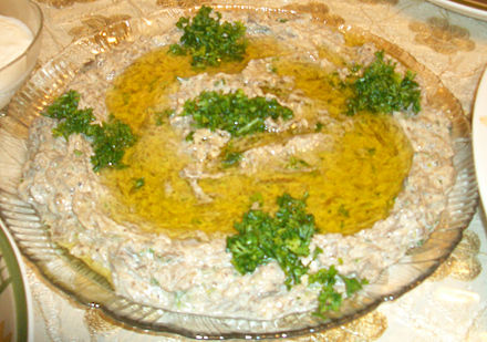Mutabbel mashed cooked aubergines (eggplants) and tahini
