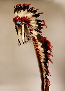 A ceremonial head-dress made by the Nez Perce people from the tail feathers of juvenile golden eagles in what is now Idaho NEPE Head-dress.jpg