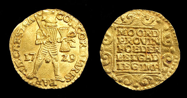 Netherlands, gold ducat (1729) with the motto concordia res parvae crescent on the obverse, found in the Dutch East India Company (VOC) shipwreck 't V