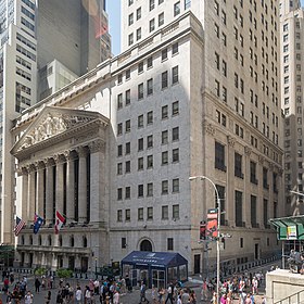 The New York Stock Exchange is, by a significant margin, the world's largest stock exchange with a $23.1 trillion market capitalization of its listed companies as of April 2018. Pictured is the exchange's building on Wall Street. New York Stock Exchange August 2017 01.jpg