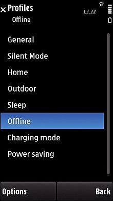 A Nokia 5800 showing its modes, including silent mode Nokia 5800 in offline mode.jpg