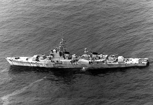 A 1993 aerial port side view of a North Korean Navy Najin class frigate underway